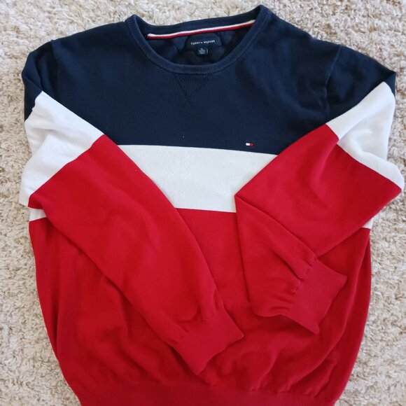 Tommy Hilfiger Men's Blue White Red Wide Striped V-Neck Cotton Sweater Size XL - Picture 2 of 8